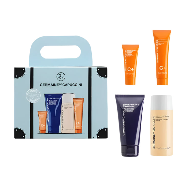 Set pentru Calatorie - My Travel 365  Soft Scrub 50ml + Illuminating Cream 15ml + Antioxidant Eye Contour 5ml + Essential Toning Lotion Dry and Delicate Skin 50ml Travel Kit - PP Germaine de Capuccini