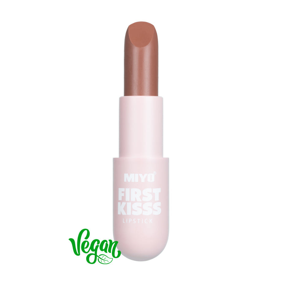 Lipstick with 'MIYO First Kisses' branding on a white background