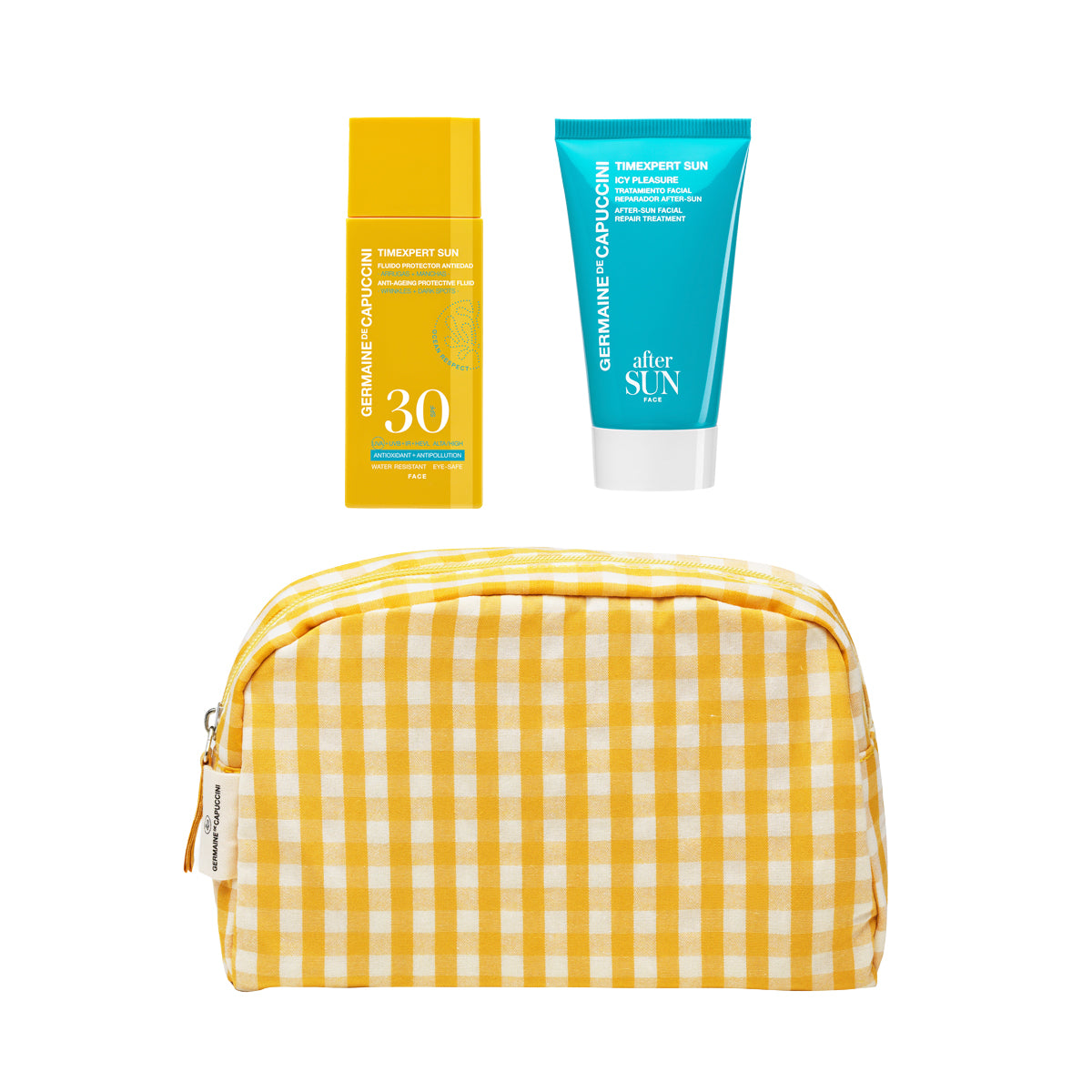 Set Protectie Solara si Reparare cu Geanta - Timexpert Sun Antiageing Protective Fluid 50ml SPF30+ After Sun Facial Repair Treatment 50ml Summer Kit - PP Germaine de Capuccini