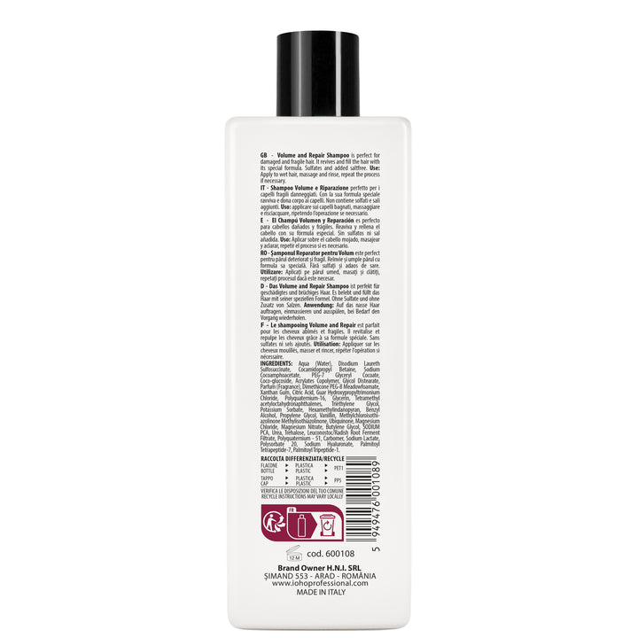 Sampon pentru Mentinere Volum si Reconstructie - Boostfill Volume and Repair Shampoo pH 5.0-5.5 500ml - Ioho Professional