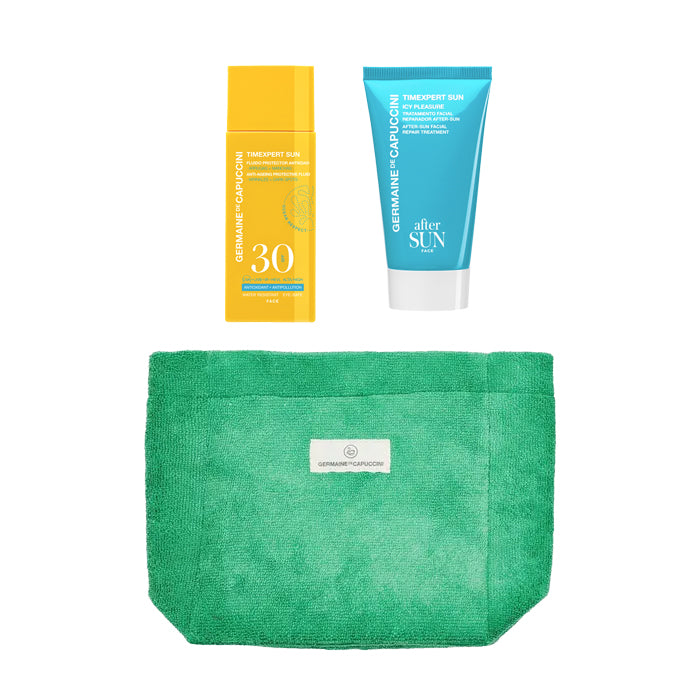 Set Geanta Verde pentru si Dupa Soare - Timexpert Sun Anti-Ageing Protective Fluid SPF30+ 50ml + Icy Pleasure After-Sun Facial Repair Treatment 50ml Green Bag Set - PP Germaine de Capuccini