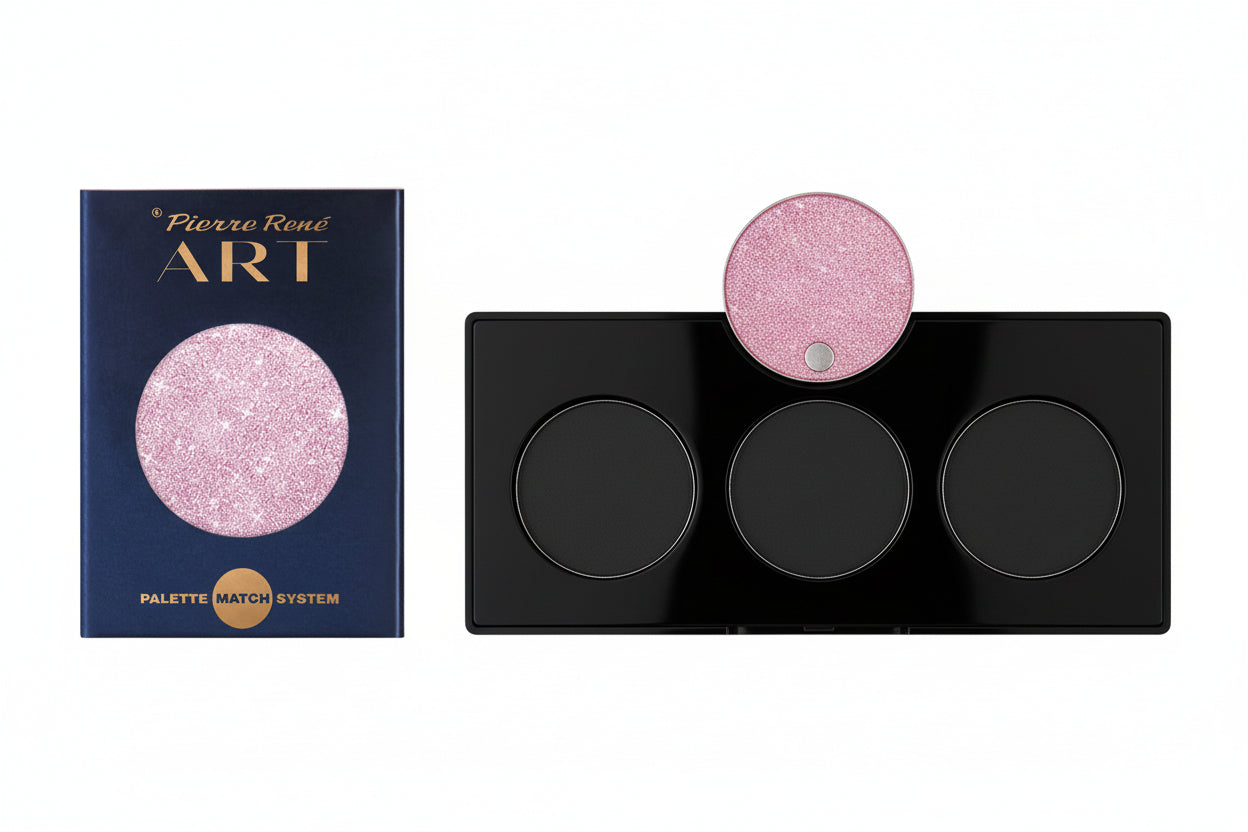 Pierre Rene Art palette with pink glittery shade on a dark blue background