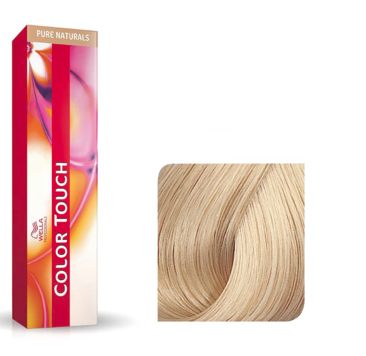 Wella Pure Naturals hair color box with blonde hair sample on a white background
