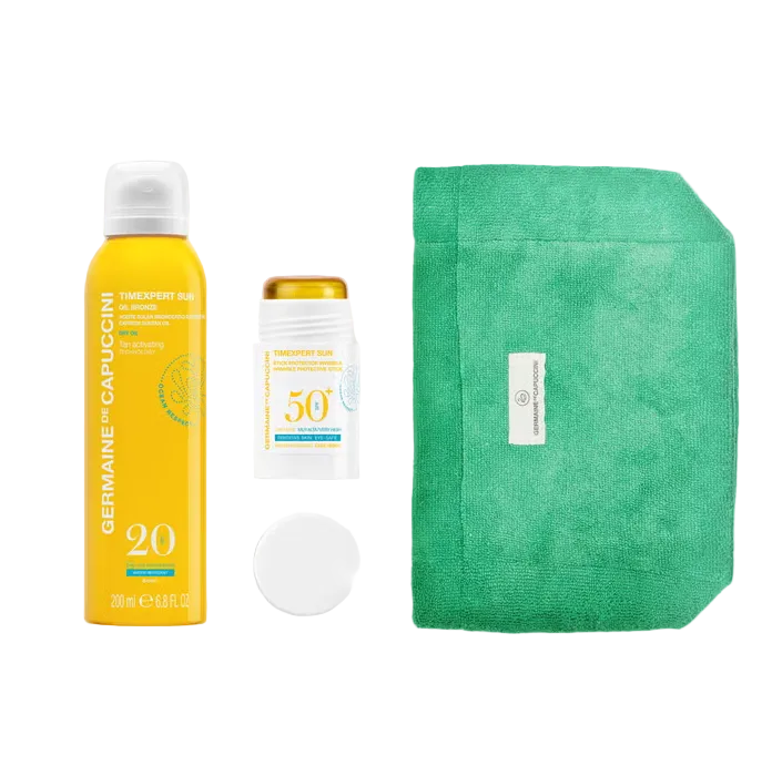 Set Geanta Verde Pentru Soare - Timexpert Sun Oil Bronze Express Suntan  SPF20+ 200ml + Invisible Protective Stick SPF50+ 25ml Set - PP Germaine de Capuccini