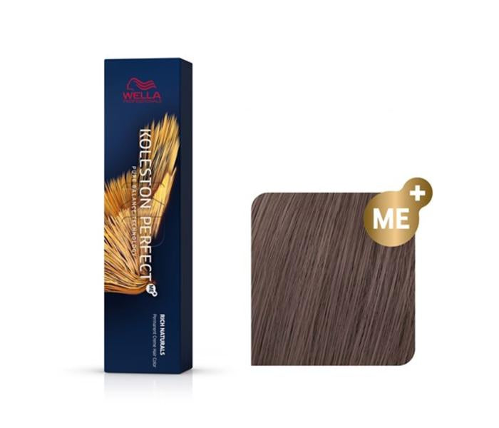 Wella Koleston Perfect hair color box with a sample of brown hair on a white background