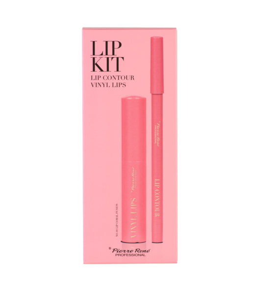 Lip kit packaging with two pink lip products on a white background