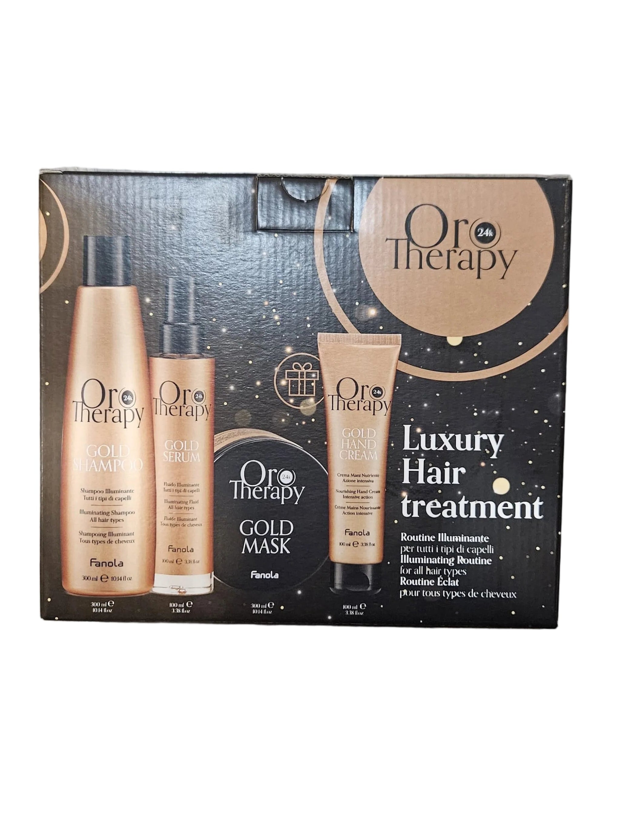 Set Iluminant pentru Par cu Aur 24K - Gold Shampoo 300ml + Gold Serum 100ml + Gold Mask 300ml + Gold Hand Cream 100ml Set - Oro Therapy