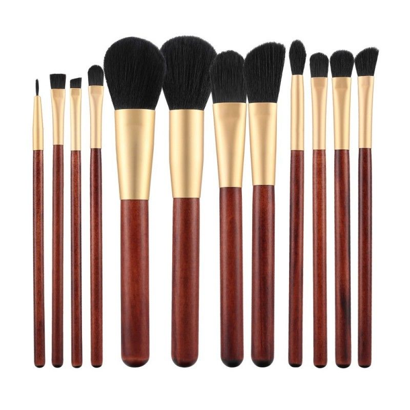 Pensule pentru Machiaj cu Maner din Lemn - Make-up Brushes Set 12pcs - Mimo - HNIcosmetice.ro