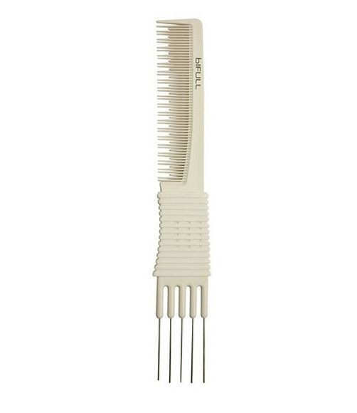 Pieptene Alb Flexibil pentru Coafura cu Cinci Pini Metalici si Dinti Inegali - Blanco - Comb Styling Five Pins No. 004 - Bifull - HNIcosmetice.ro