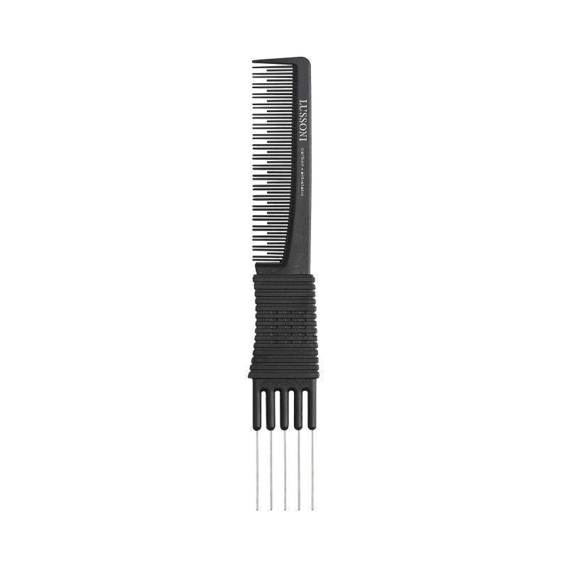 Pieptene din Carbon pentru Coafura cu Cinci Pini Metalici - Carbon Antistatic Lift Tail Comb with Five Pins No. 200 - Lussoni - HNIcosmetice.ro