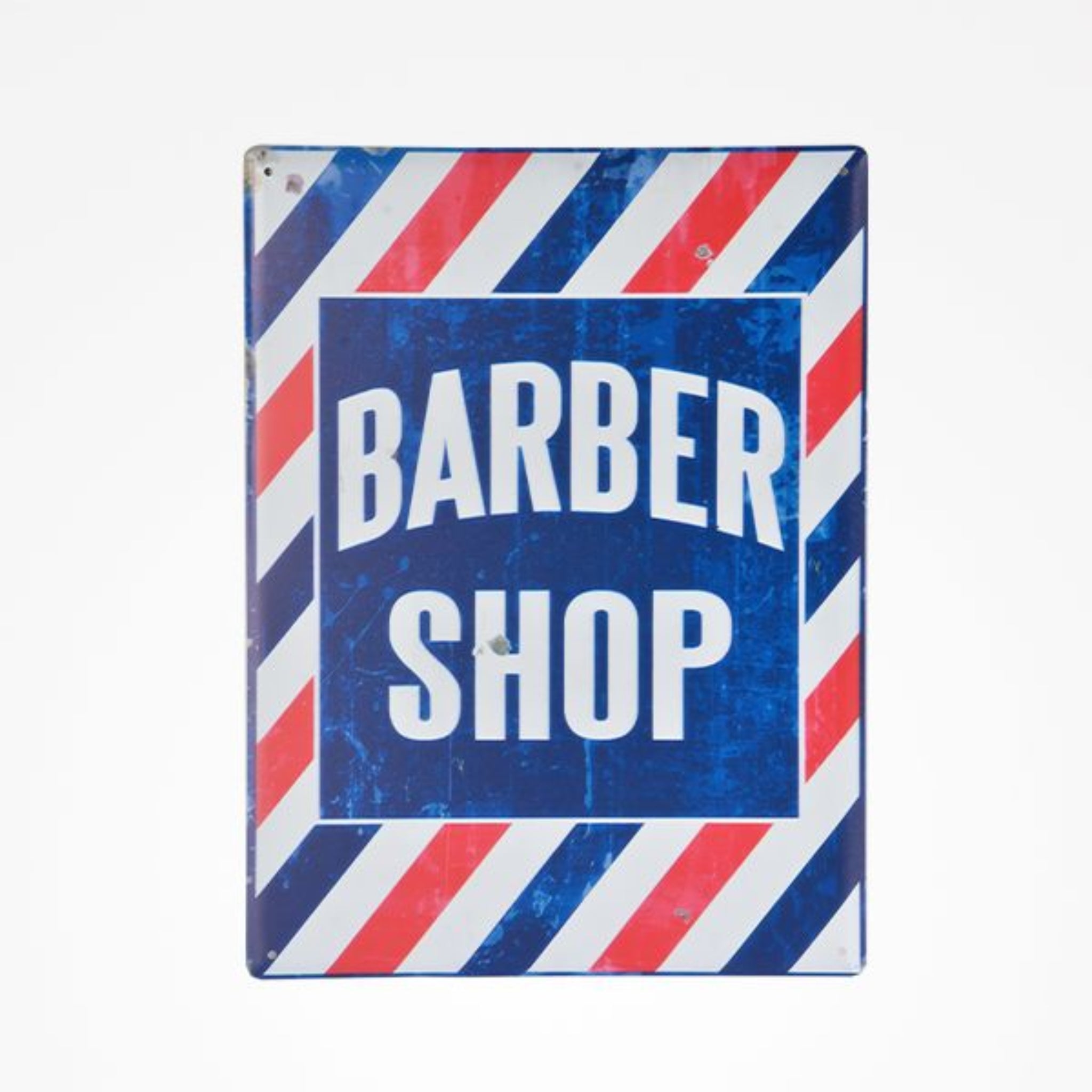 Placa Metalica pentru barberi cu inscriptie culoare alb rosu albastru