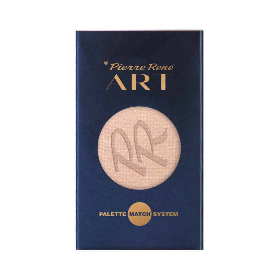 Ambalaj pudră iluminatoare de rezervă Pierre Rene Professional Art Highlighter nr. 04, 8 g, în cutie bleumarin cu inscripții aurii și imaginea iluminatorului în nuanță șampanie.
