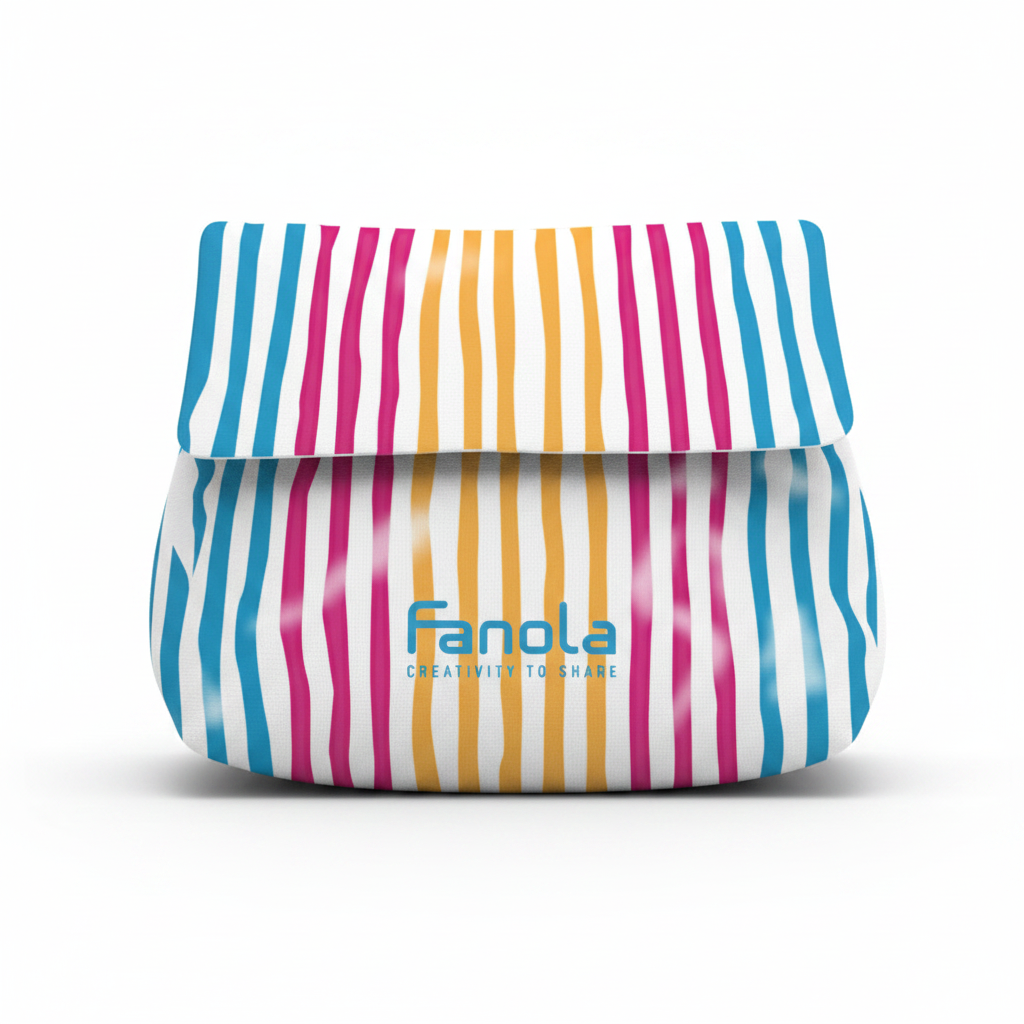 Colorful striped blanket with 'Fanola' branding on a white background