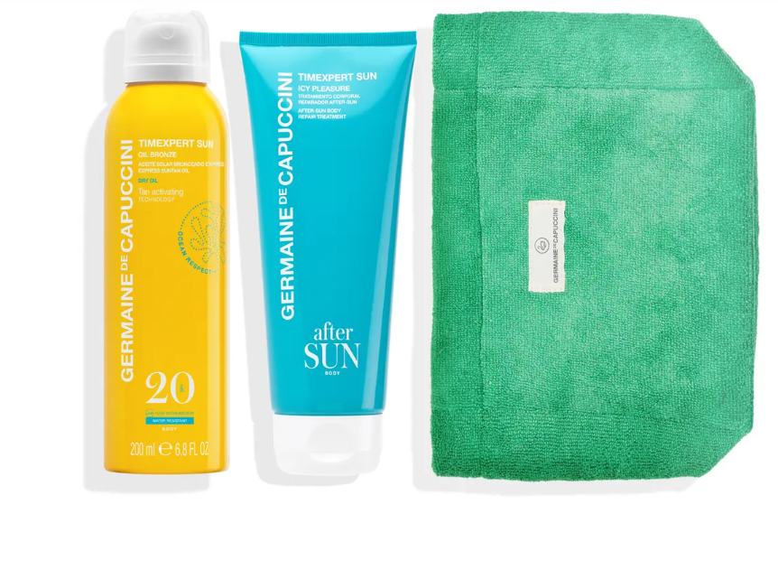 Set Geanta Verde Pentru Soare - Timexpert Sun Oil Bronze Express Suntan Oil SPF20+ 200ml + Icy Pleasure After Sun Body Repair Treatment 200ml - PP Germaine de Capuccin