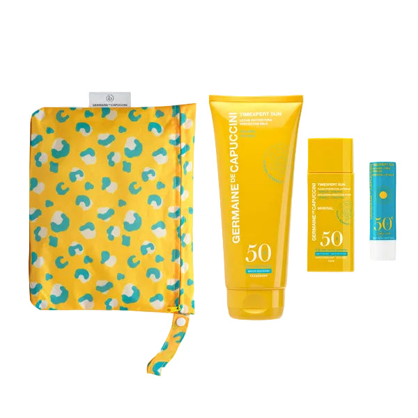 Set Geanta Animal Print pentru Soare 3 Produse - Timexpert Sun Anti-ageing Protective Fluid SPF50+ 50ml + Essential Lip Balm SPF50+ 4.5gr + Protective Milk SPF50+  200ml Set - PP Germaine de Capuccini