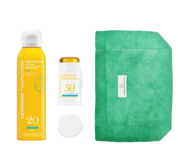 Set Geanta Verde Pentru Soare - Timexpert Sun Easy & Fresh Invisible Sun Mist SPF50+ 200ml + Invisible Protective Stick SPF50+ 25ml Set - PP Germaine de Capuccini