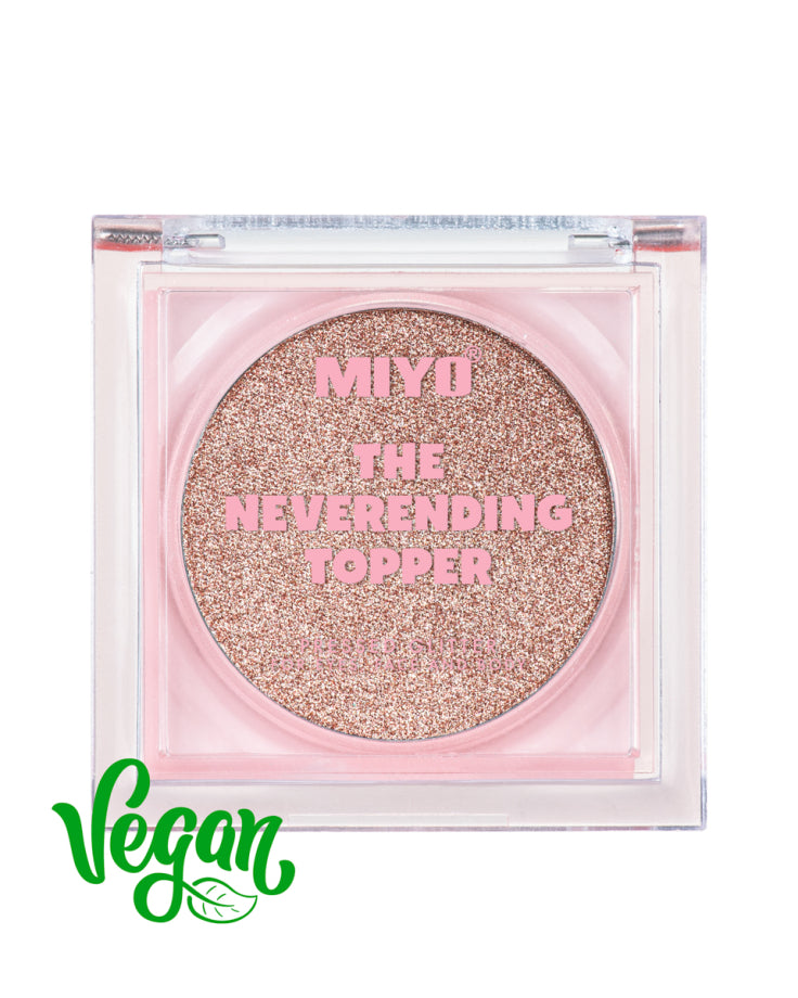 MIYO The Neverending Topper compact with pink glittery powder and 'Vegan' label on a white background